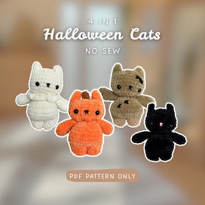 4 in 1 Halloween Cats | NO SEW | Crochet Pattern Bundle | beginner-intermediate | Pumpkin, Ghost, Zombie, Black Kitty