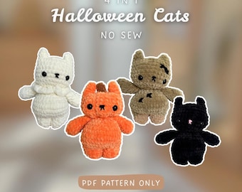 4 in 1 Halloween Cats | NO SEW | Crochet Pattern Bundle | beginner-intermediate | Pumpkin, Ghost, Zombie, Black Kitty