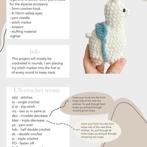 May include: Crochet pattern instructions for making a white amigurumi llama with blue and peach accents. The pattern includes a list of supplies, crochet terms, and instructions for color changes.