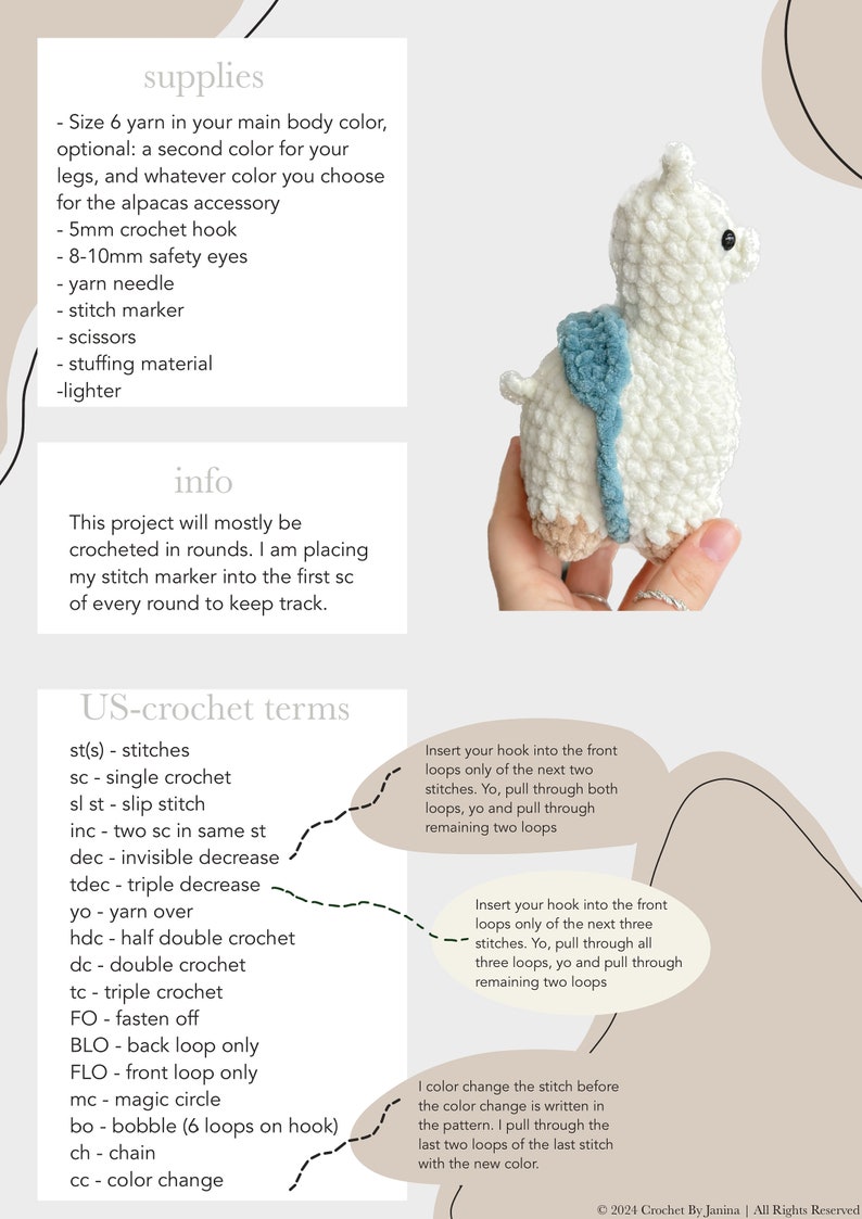 May include: Crochet pattern instructions for making a white amigurumi llama with blue and peach accents. The pattern includes a list of supplies, crochet terms, and instructions for color changes.