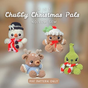 4-in-1 Chubby Christmas Pals-bundel | Haakpatronen | gevorderde beginner | Peperkoekmannetje, rendier, gemeen, sneeuwpop