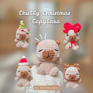 Könnte beinhalten: Fünf gehäkelte Capybara-Figuren in weihnachtlichen Outfits. Die Capybaras sind beige mit braunen Akzenten und tragen einen Weihnachtsmannhut, einen grünen Hut mit Girlande, eine rote Schleife und eine Löwenmähne. Der Text lautet "5 in 1 Chubby Christmas Capybara NO SEW PDF PATTERN ONLY."