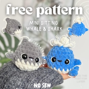 Op de afbeelding: Een gratis haakpatroon voor een mini zittend walvis en haai. De walvis is blauw met een witte bovenvin en de haai is grijs met witte tanden. Het patroon is naadloos.