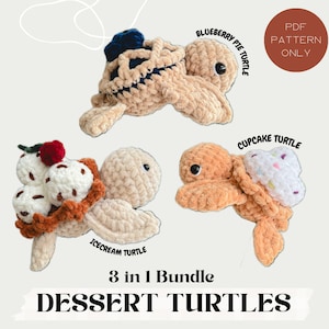 以下が含まれることがあります： ブルーベリーパイ、カップケーキ、アイスクリームの3種類のデザートをテーマにした、かぎ針編みアミグルミのタートルパターンのセットです。パターンはPDFダウンロードのみでご利用いただけます。