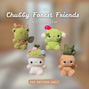 Könnte beinhalten: Vier gehäkelte Waldtier-Plüschtiere in Grün-, Weiß- und Brauntönen. Der Text "Chubby Forest Friends" und "PDF Pattern Only" ist zu sehen. Jedes Plüschtier hat einzigartige Merkmale, darunter Geweihe, Blumen und Blätter.