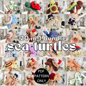 May include: A collection of 20 crochet sea turtle patterns. The turtles are all different colors and have various designs, including flowers, food, and geometric patterns. The text "20 in 1 bundle sea turtles" is displayed in the center of the image. The text "PDF PATTERN ONLY" is displayed in the bottom center of the image.