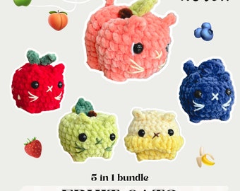 May include: A set of five no-sew crochet fruit cat toys. The cats are made in the shapes of an apple, peach, strawberry, lime, and blueberry. The text "5 in 1 bundle FRUIT CATS" is at the bottom of the image.