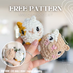 May include: Two handmade, mini, chunky cat plushies. One is white with yellow and orange accents, the other is tan. The cats have embroidered facial features. The image includes the text "FREE PATTERN MINI CHONKY CAT".