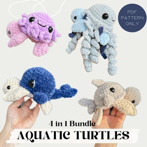 May include: A set of four crochet amigurumi patterns for aquatic turtles. The patterns include a purple crab, a blue jellyfish, a blue whale, and a gray dolphin. PDF pattern only.