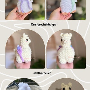 May include: A collection of six crocheted llama amigurumi toys. Each llama is white with different colored accents, including purple, green, pink, and blue. The llamas are holding a variety of accessories, including bows, scarves, and flowers. The image includes the text "TESTER APPRECIATION".