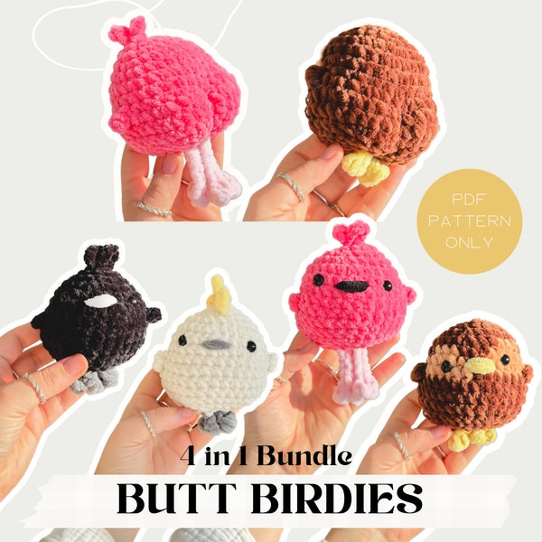 4 in 1 Butt Birds NO SEW | Crochet Patterns | quick and easy | beginner-friendly | owl, flamingo, raven, cockatoo l mini pattern