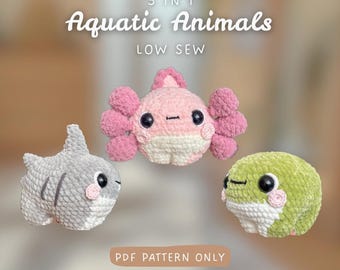 3 in 1 Bundle | Chonky Aquatic Animals Bundle | NO & LOW SEW Crochet Pattern | intermediate difficulty | Frog, Shark, Axolotl Amigurumi