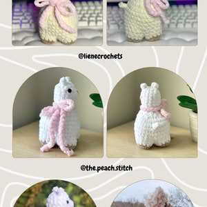 May include: A collection of four crocheted llama plushies in various colors and poses. The llamas are all white with pink accents, and some have a green scarf. The plushies are displayed on different backgrounds, including a keyboard, a table, and a hand.