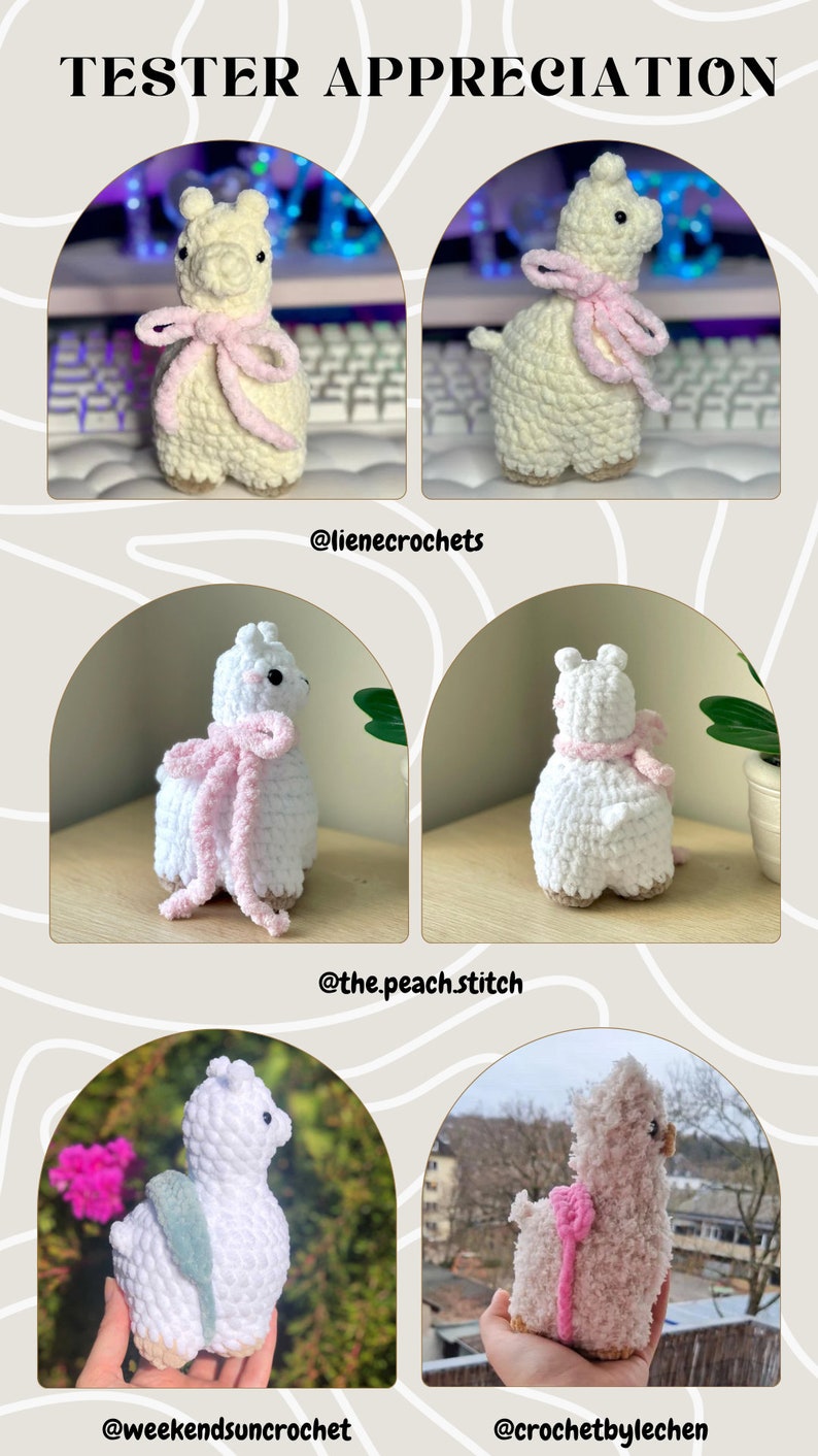 May include: A collection of four crocheted llama plushies in various colors and poses. The llamas are all white with pink accents, and some have a green scarf. The plushies are displayed on different backgrounds, including a keyboard, a table, and a hand.