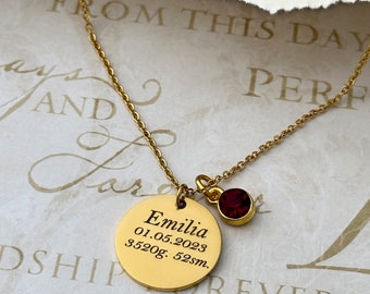 Customized Keepsake Gift, New Mom Birth Stats Necklace, First Time Mom Gift, Baby Name, Date and Birthstone Charm Necklace.