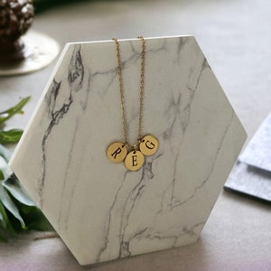 Custom Initial Family Name Necklace, Tiny Gold Coin Necklace, Unique Letter Charm Jewelry for women, 14k Gold Fill Monogram Pendant