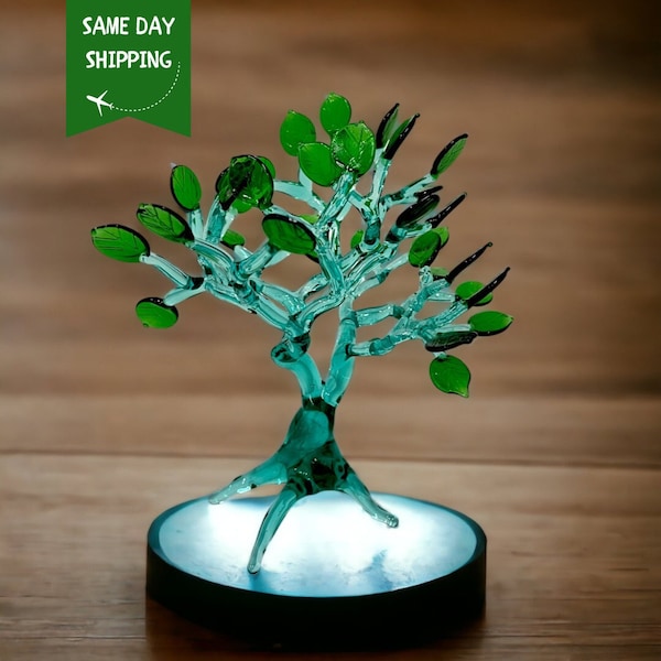 Árbol de cristal de lámpara, árbol de cristal verde, árbol hecho a mano, árbol para la decoración del hogar, escultura de árbol, árbol de cristal, árbol de cristal de Murano, regalo para el hogar