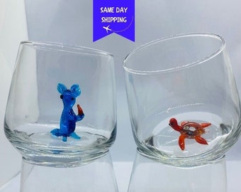 Cute Drink Glass with Glass Animal, Murano Glass Animal Cup, Water Cup, Handmade Glassware, Handmade Murano Glass Cup, Mug Stemless Animal