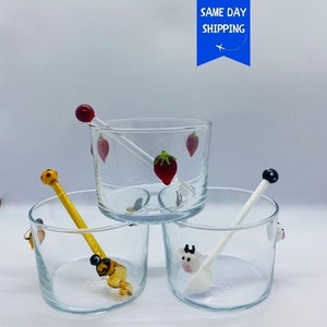 Jamschalen met aardbei, honingkom met bij, glazen jamlepel, cadeau keukengerei, glazen kom met dier, kom van Muranoglas, handgemaakte kom