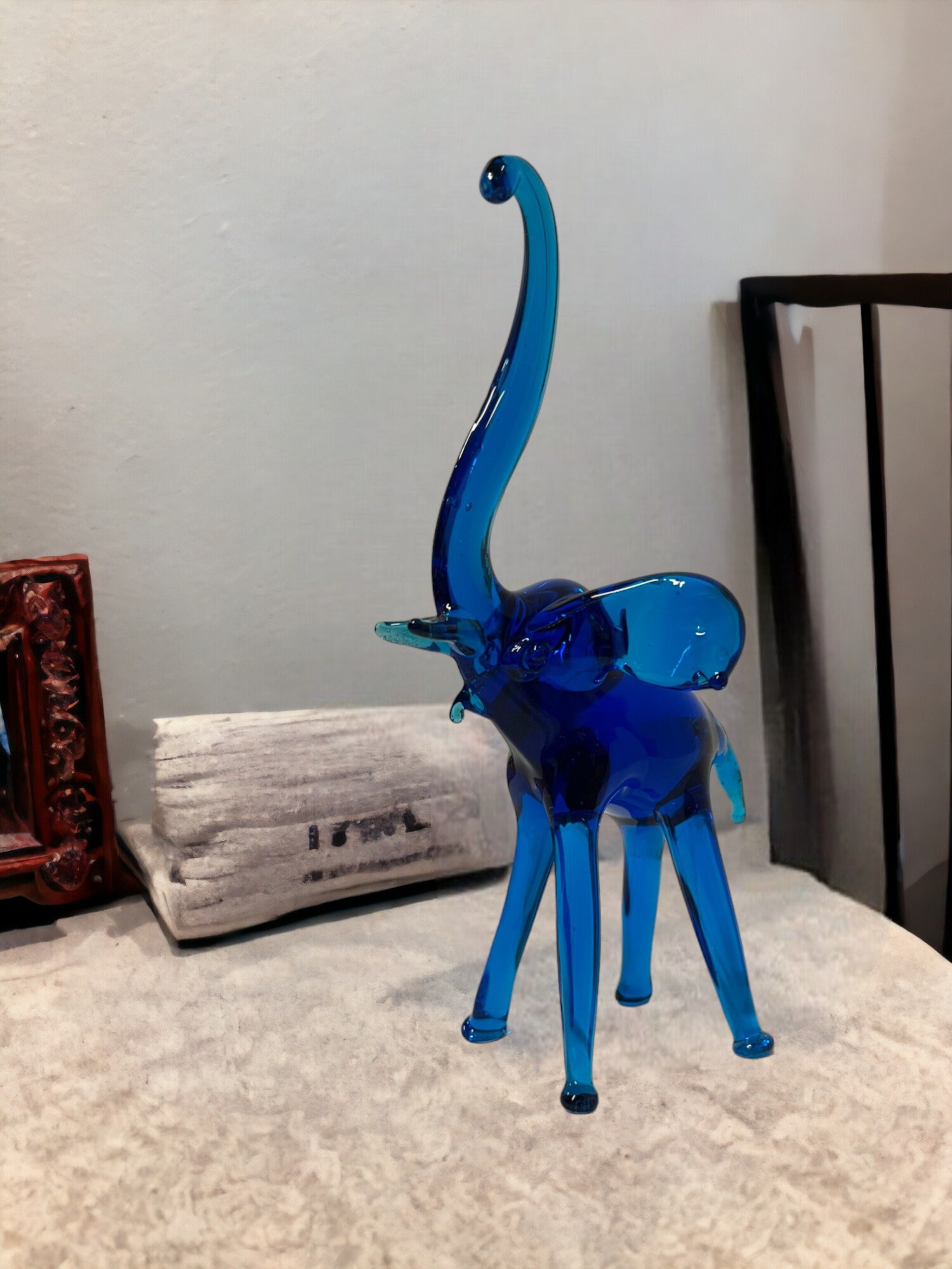 Glass Elephant Sculpture, Glass Animal Figurine, Blue Glass Elephant