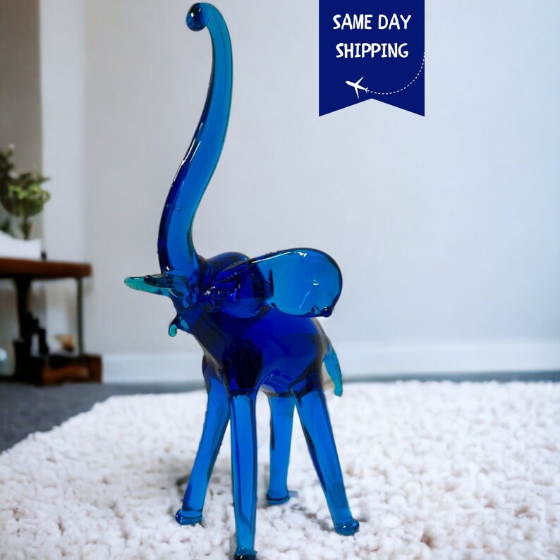 Glass Elephant Sculpture, Glass Animal Figurine, Blue Glass Elephant