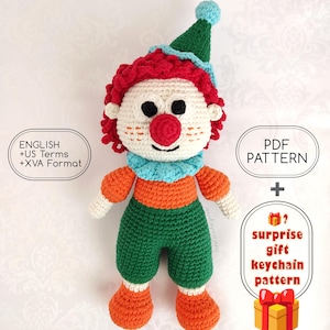 Cotton Clown Crochet Pattern – One-Piece Body Amigurumi Toy - English US Terms and XVA Format PDF Files - Colorful Design - 25cm - 10inch