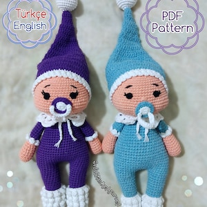 Schema digitale PDF per bambola amigurumi all'uncinetto con ciuccio, 25-30 cm, 10-12 pollici, download immediato in inglese e turco