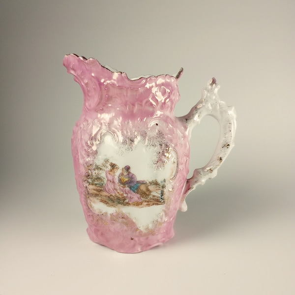 Antique Roschützer Porcelain Pitcher w/ Hand Painted Courting Couple featuring Rococo style Madame Pompadour Pink and gilded accents