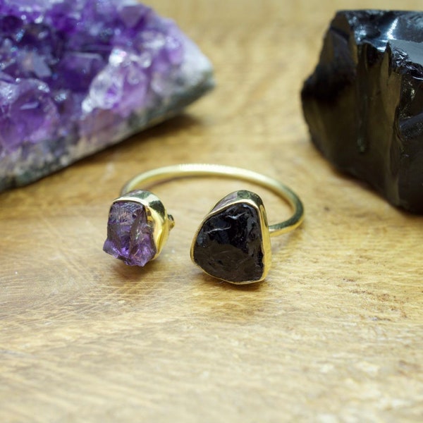 Bague Laiton Pierres Brutes Tourmaline Noire et Améthyste