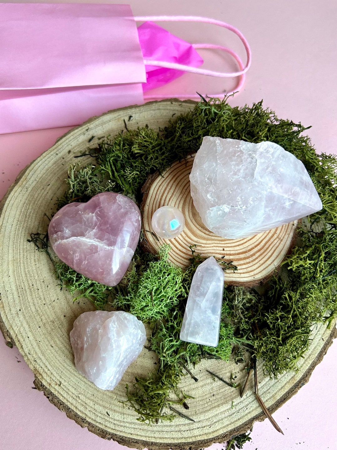 Rose Quartz Gift Set 5piece Large Crystal Bundle Pink Crystal Collector