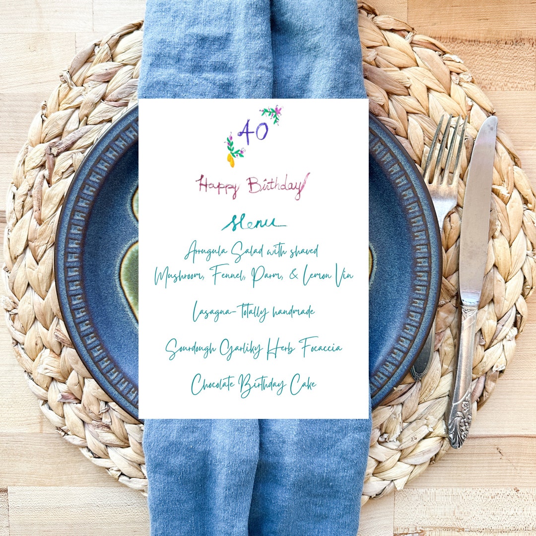 40th Birthday Menu Template Instant Download Hand Drawn Calligraphy