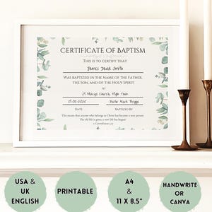 Certificado de Bautismo con Follaje Verde / Plantilla de Certificado de Bautismo / Imprimible / Versiones en inglés (Reino Unido y EE. UU.) / Escrito a mano o en Canva
