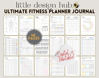 May include: A digital and printable fitness planner journal with 40 pages. The journal includes sections for body measurements, fitness goals, weekly trackers, and more. The cover features the text "little design hub" and "ULTIMATE FITNESS PLANNER JOURNAL".