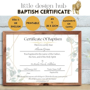 Doopcertificaat | Sjabloon doopcertificaat | Afdrukbaar | VK- en Amerikaans-Engelse versies | 2 maten | Handschrift of canvas