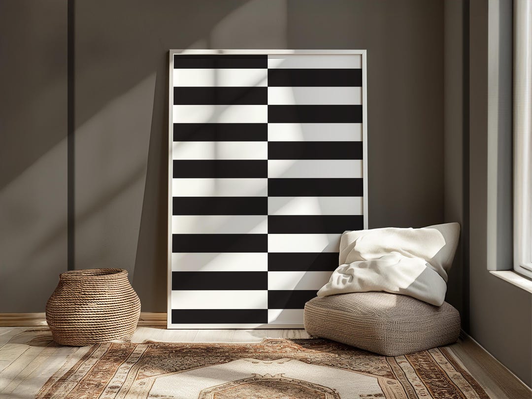 Modern Black and White Stripe Wall Art - Minimalist Geometric Digital ...