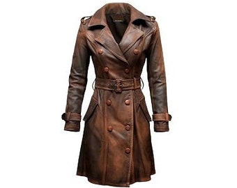 Women's Brown Vintage Leather Trench Coat | Sheep Leather Double Breasted Long Western Leather Jacket | Best gift for her