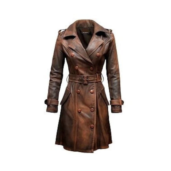 Trench-coat en cuir vintage marron pour femme | Veste en cuir western longue à double boutonnage en cuir de mouton | Meilleur cadeau pour elle