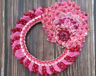 Pink Wreath for Front Door, Unusual Wall Hanger, Pink Girl Room Decor, Lovely Floral Circl, Round Homes Decoration (9 inches, Made of Satin)