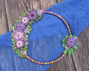 Purple Summer Wreath Front Door, Flower Decor for Home, Colorful Wall Hanger, Cute Decoration,  (12 inches, Made of Satin)