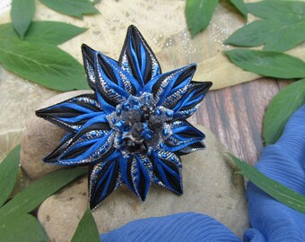 Blue Dahlia Hair Pin (1 pc), Big Flower Accessorie, Blue Black Silver Star