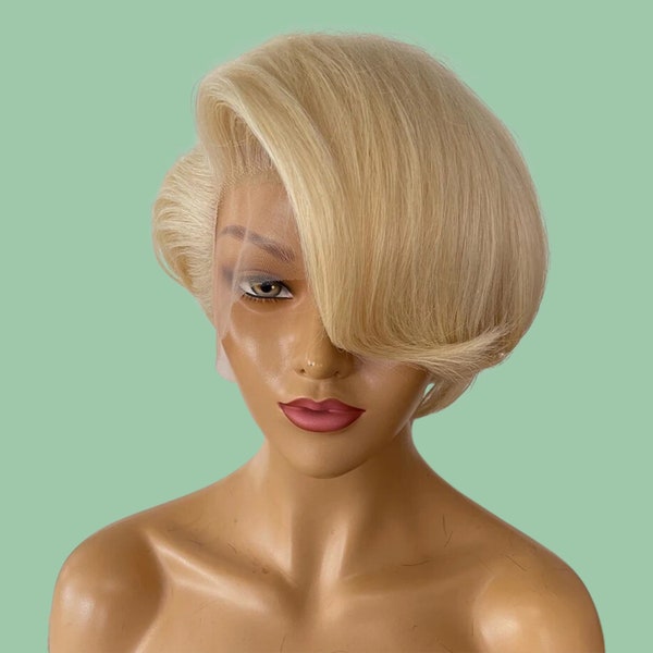 Blonde Pixie Cut Wig, Glueless 613 Pre-Plucked, 100% Remy Hair, Swiss Transparent Lace, T Part Wig, 13x4 Wig