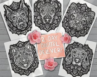Custom Coloring Book Mandala Page Pet Portrait by Professional Illustrator