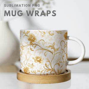 Elegant Gold Floral Mug Wrap Design, Tea Mug Wrap | Printable Mug Wrap for Sublimation | Vintage Golden Rose Pattern for Personalized Mugs