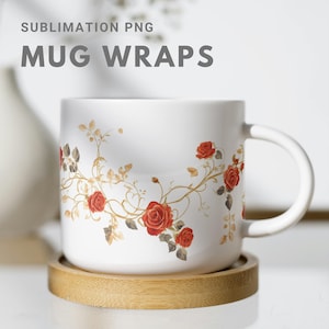 Elegant Gold Floral Mug Wrap Design, Tea Mug Wrap | Printable Mug Wrap for Sublimation | Vintage Golden Rose Pattern for Personalized Mugs