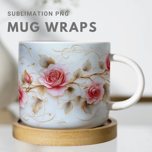 Elegant Gold Floral Mug Wrap Design, Tea Mug Wrap | Printable Mug Wrap for Sublimation | Vintage Golden Rose Pattern for Personalized Mugs