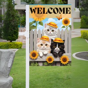 Welcome Cats Garden Flag PNG, Garden Flag Sublimation Design, Printable Yard Banner, Spring Summer Yard Decoration, Foral Print