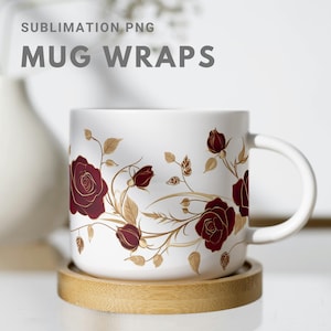 Elegant Gold Floral Mug Wrap Design, Tea Mug Wrap | Printable Mug Wrap for Sublimation | Vintage Golden Rose Pattern for Personalized Mugs