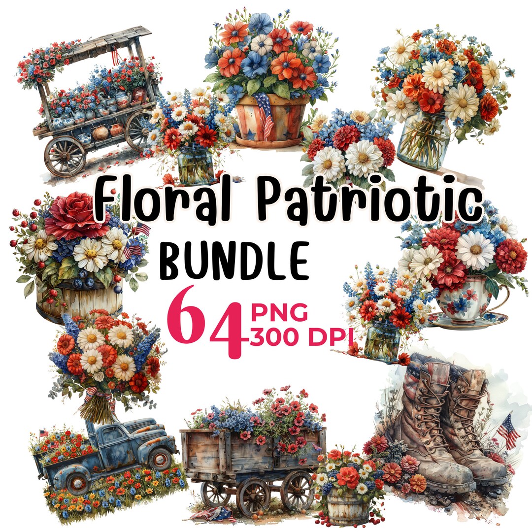 Patriotic Floral Clipart: 4th of July PNG Bundle (64 Files) - Etsy