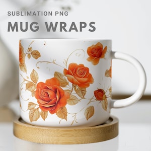 Elegant Gold Floral Mug Wrap Design, Tea Mug Wrap | Printable Mug Wrap for Sublimation | Vintage Golden Rose Pattern for Personalized Mugs