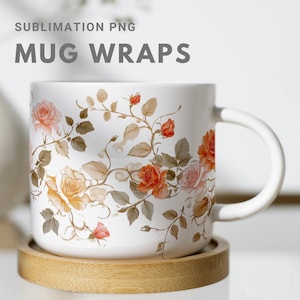 Elegant Gold Floral Mug Wrap Design, Tea Mug Wrap | Printable Mug Wrap for Sublimation | Vintage Golden Rose Pattern for Personalized Mugs